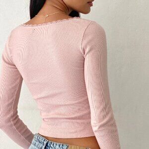 Long Sleeve Pink Coquette Bow Ribbed Top